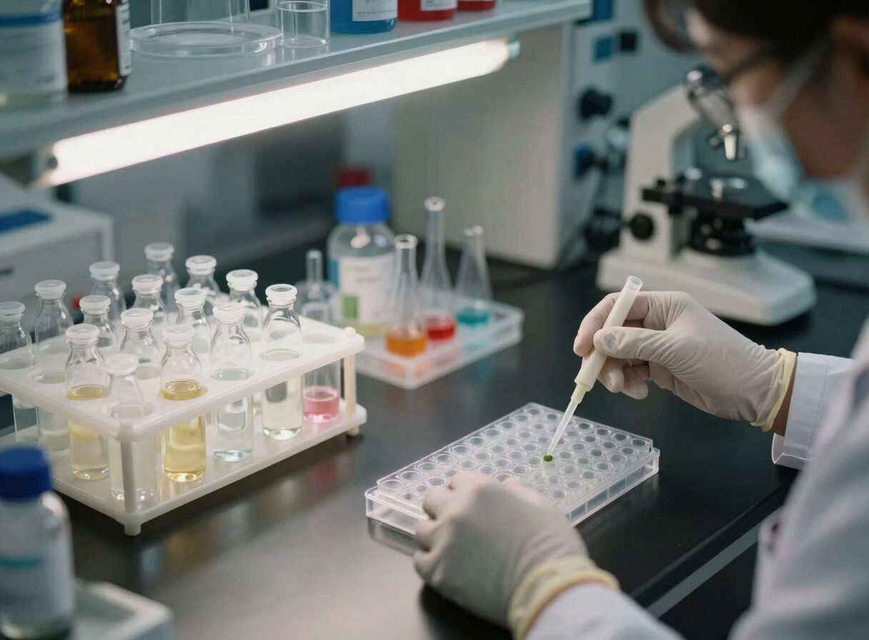 Wide laboratory bench view from above, glass vials and compound trays arranged in rows under overhead fluorescent light, researcher's gloved hands pipetting a sample into a well plate, clinical and precise