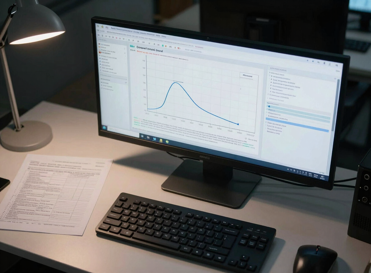 Overhead view of a data analysis workstation, a monitor displaying survival curve plots and statistical output, printed tables beside a keyboard, overhead office light, no people visible