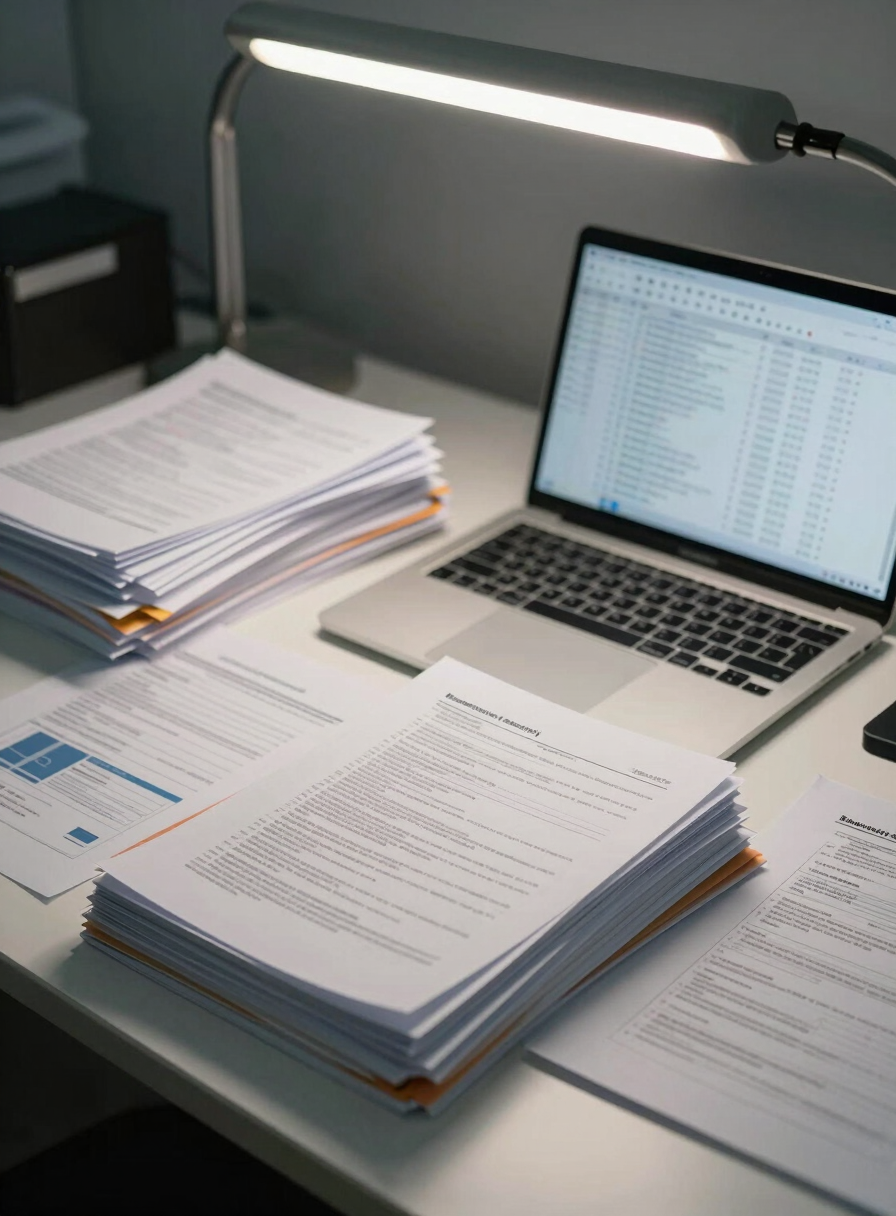 Wide shot of a researcher's desk with printed regulatory submission documents stacked and tabbed, a laptop open to a data table, overhead office light, papers spread across the surface showing dense text and charts