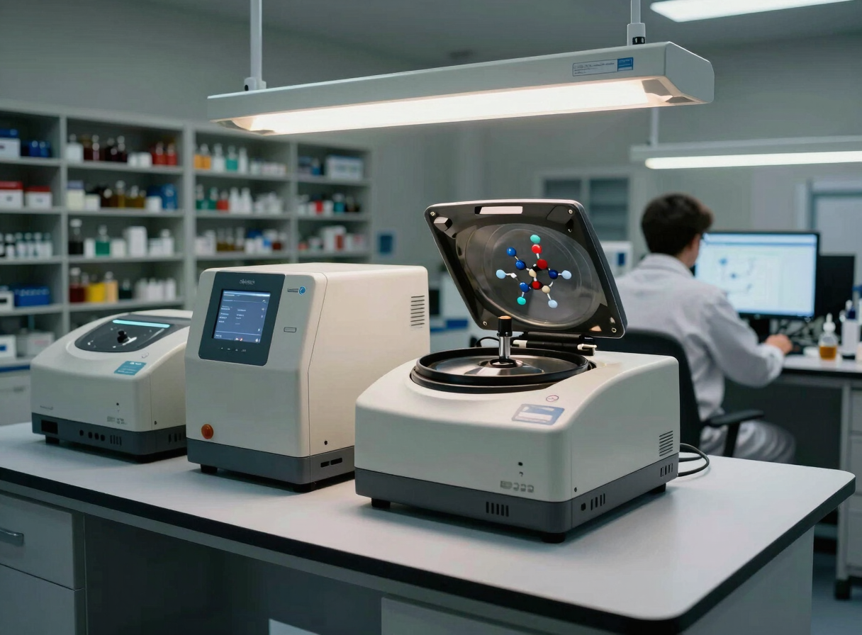 Wide bench view of early drug discovery equipment, a centrifuge and compound library storage rack visible under overhead lab lighting, researcher in background consulting a monitor displaying molecular data