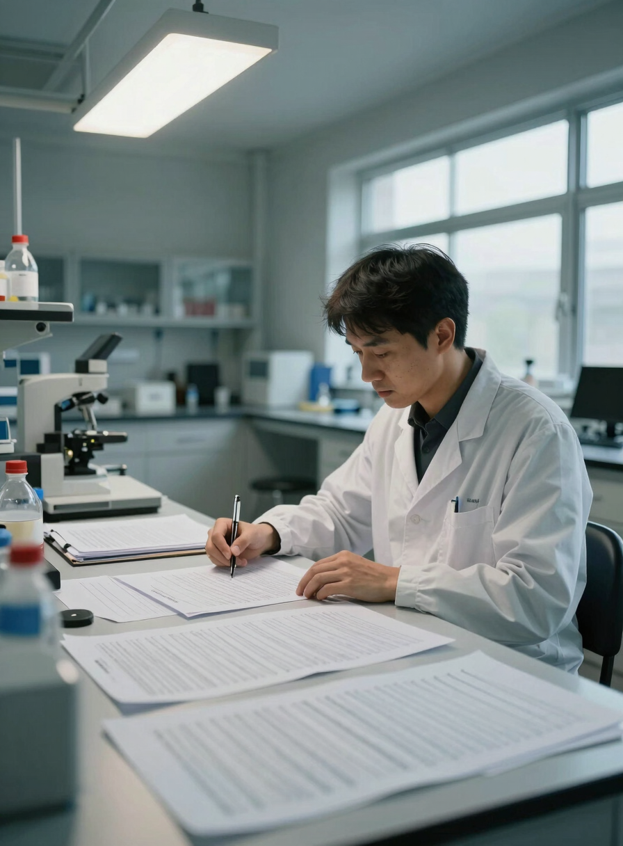 Wide documentary frame, researcher seated at a laboratory bench under overhead fluorescent and natural window light, papers and data printouts spread across the desk surface, hands resting on open documents, lab environment visible in background, muted cool tones