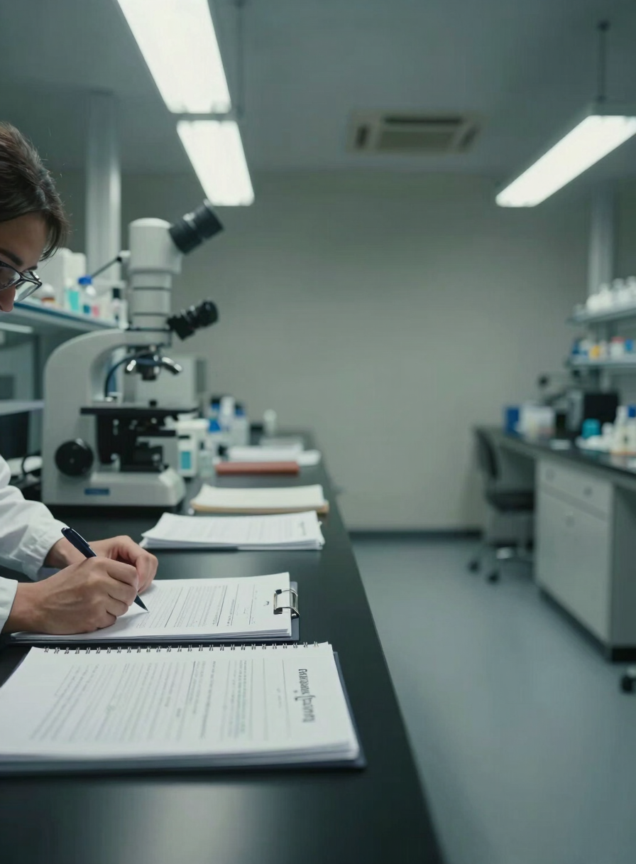 Wide shot of a laboratory bench under cool overhead fluorescent light, left-side framing with generous negative space to the right — printed research documents and a spiral-bound protocol binder visible in the foreground, a researcher's hands annotating a page with a pen, data printout partially legible in the background